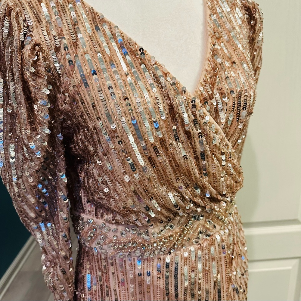 93549 Mac Duggal v neck sequin surplice puff sleeve wrap gown rose $598 NWT sz 6 - Picture 5 of 8